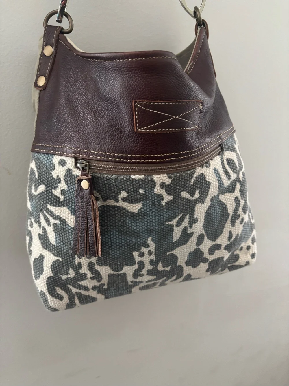 Myra Brown Leather & Ivory Patterned Hobo Canvas Crossbody Shoulder Bag